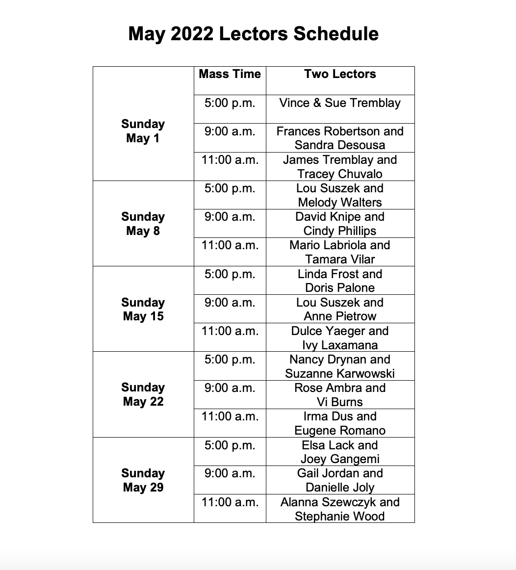 May 2022 Lectors Schedule