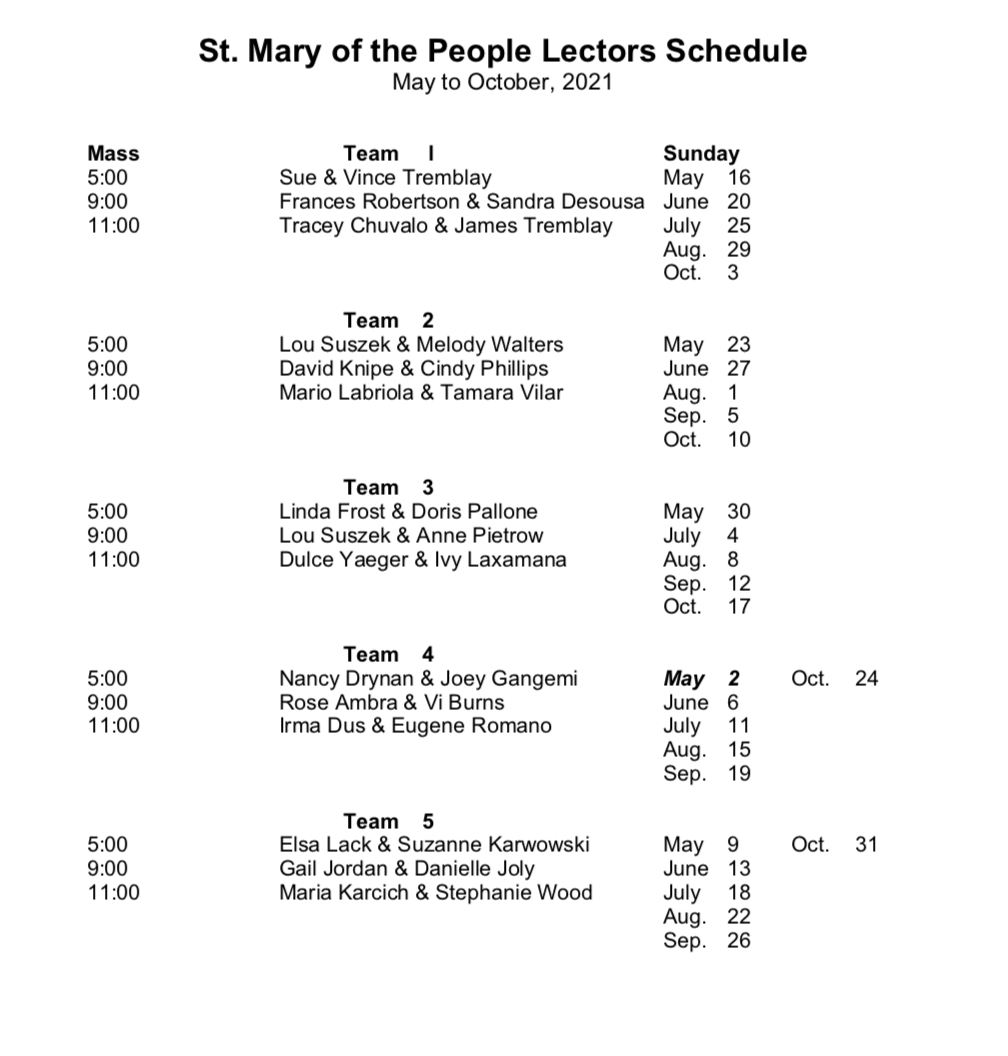 St. Mary of the People Parish, Oshawa - Lector Schedule